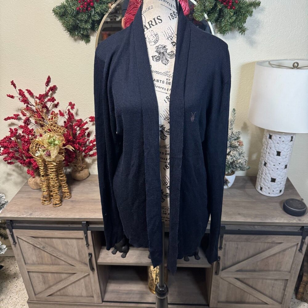 AllSaints Mode Merino Wool Open Front Ribbed Cardigan Black Size M Logo Casual